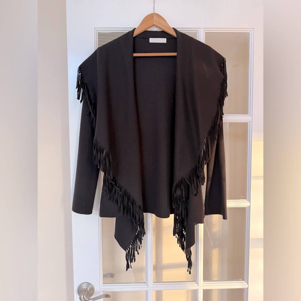 Nicole Farhi - 100% Wool Black Belted Fringed Jacket - US Size 6
